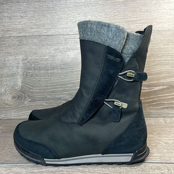 Teva Haley Waterproof Black Leather Gray Warm Women’s Sz 6 Pull On Winter Boots - Picture 3 of 13
